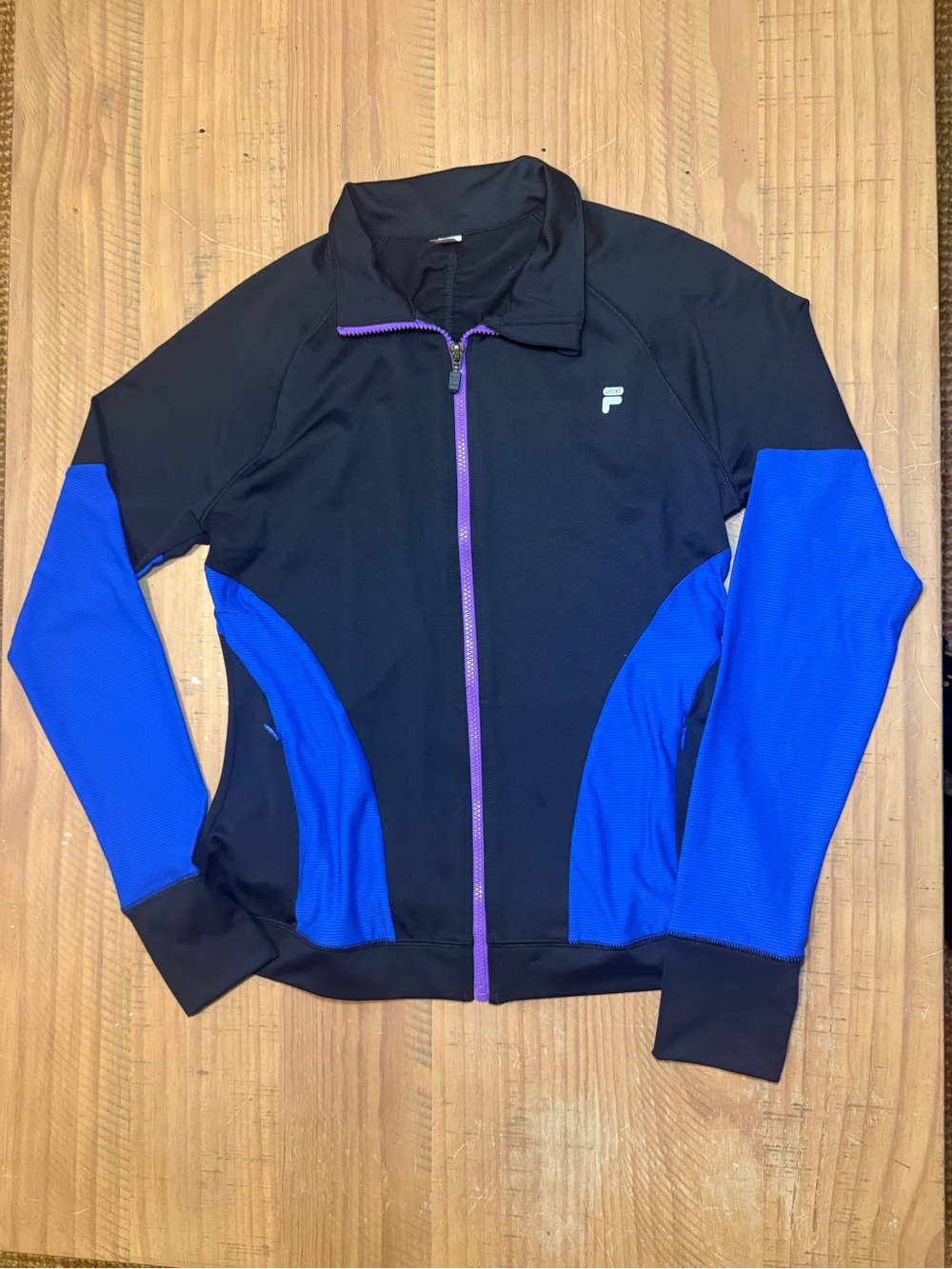 Fila Sport Black Bomber Jacket with Blue Sleeves and Purple Zip